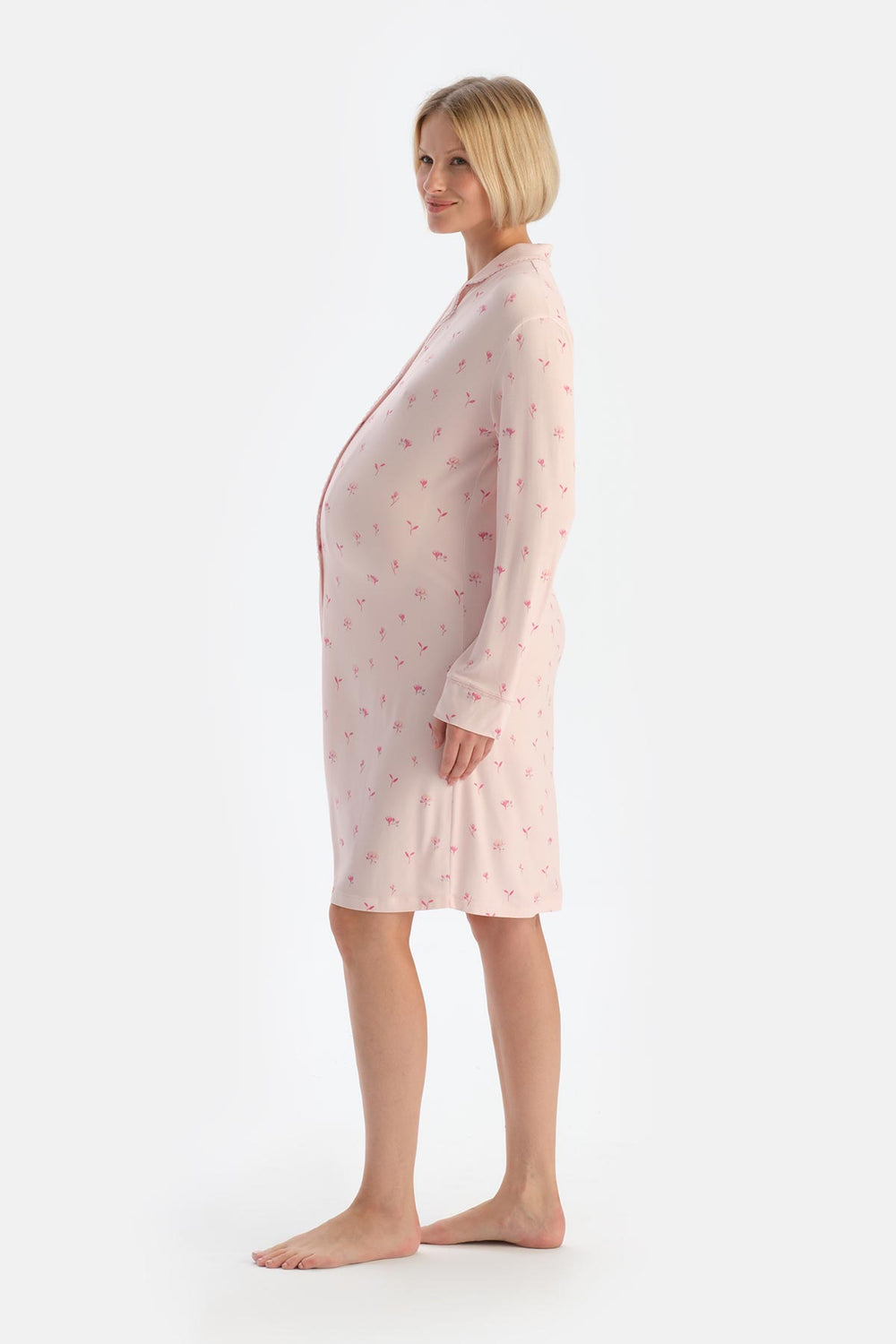 Soft Pembe Soft Penye Modal Çıtır Çiçek Desenli Hamile Gecelik